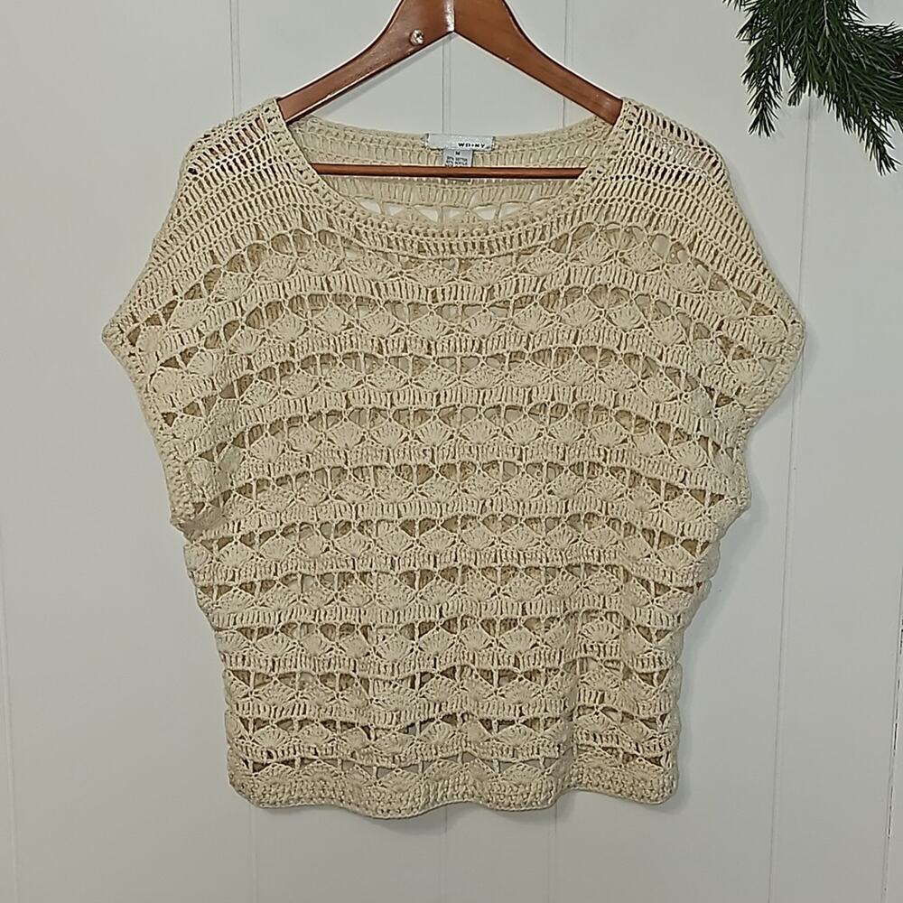 WD.NY Open Weave Crochet Sweater Vest Women M Ecru Boho Hippie Gypsy Cottage EUC